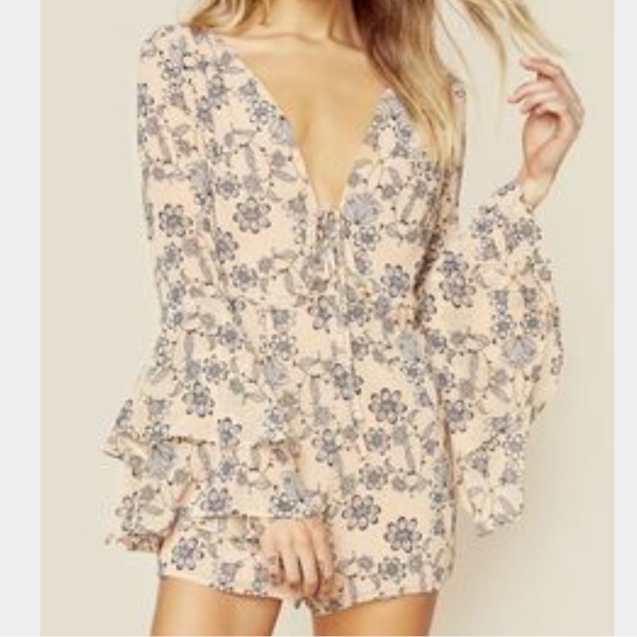 For Love & Lemons Pia Bell Sleeve Romper in floral print - Picture 2 of 5